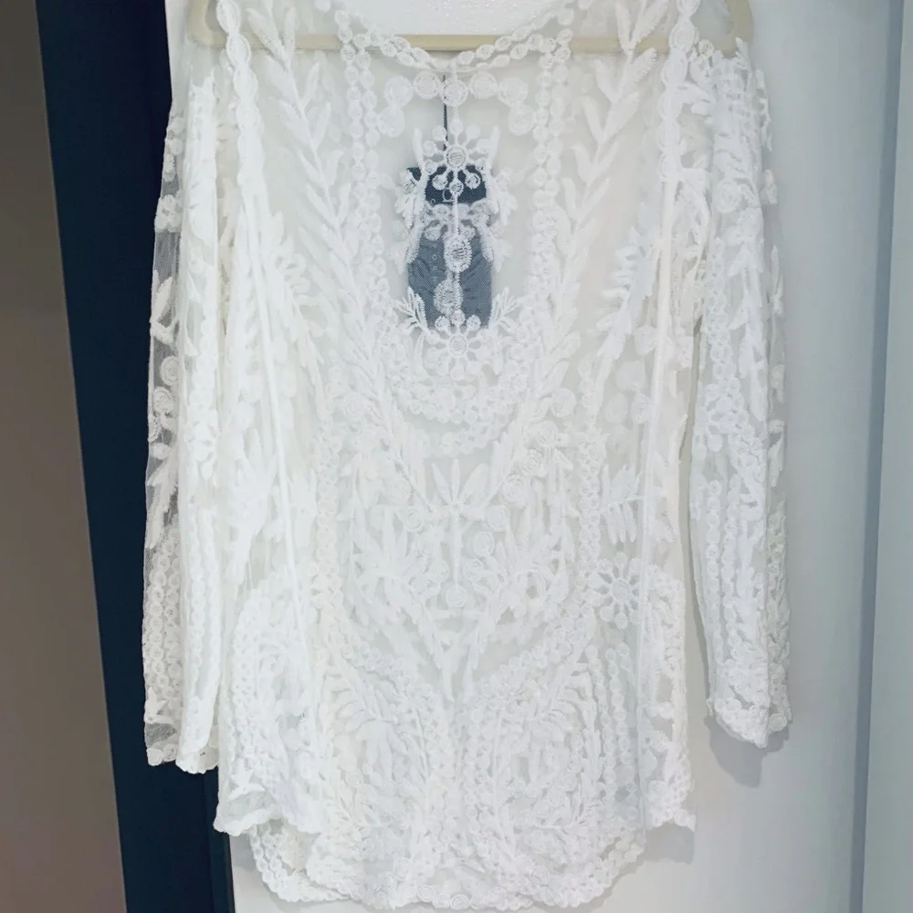 Anna-Kaci Floral Embroidered Lace Mini Dress Cover Up Ivory One Size - Picture 3 of 7